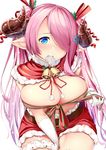  bad_id bad_pixiv_id bell belt between_legs blue_eyes blush breast_squeeze breasts cape cleavage condom condom_in_mouth condom_wrapper cowboy_shot draph fur_trim gloves granblue_fantasy hair_ornament hair_over_one_eye hair_ribbon hand_between_legs highres holding horns kasappi large_breasts light_particles long_hair looking_at_viewer miniskirt mouth_hold narmaya_(granblue_fantasy) no_shirt pencil_skirt pink_hair pointy_ears pom_pom_(clothes) red_ribbon red_skirt ribbon santa_costume simple_background skirt snowflake_hair_ornament solo thigh_strap very_long_hair white_background white_gloves 
