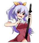  bangs between_legs blush bow breasts highres holding holding_weapon katana katsumi5o long_hair looking_at_viewer medium_breasts open_mouth purple_hair red_eyes simple_background solo sweatdrop sword touhou watatsuki_no_yorihime weapon 