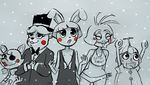  2015 animatronic anthro avian balloon_boy_(fnaf) bear bib bird bow_tie canine chicken clothed clothing female five_nights_at_freddy&#039;s five_nights_at_freddy&#039;s_2 fox group hat humanoid inkyfrog lagomorph machine male mammal mangle_(fnaf) rabbit restricted_palette robot simple_background smile snow tongue tongue_out top_hat toy_bonnie_(fnaf) toy_chica_(fnaf) toy_freddy_(fnaf) video_games 