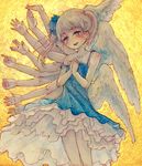  1girl angel angel_wings blonde_hair blue_eyes blush dress extra_arms female hantoumei_namako off_shoulder original solo twintails 