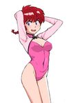  arms_behind_back bangs blue_eyes braid breasts cleavage cowboy_shot genderswap genderswap_(mtf) highleg highleg_leotard kyosu leotard long_sleeves looking_at_viewer medium_breasts parted_lips pink_leotard ranma-chan ranma_1/2 red_hair saotome_ranma short_hair simple_background single_braid solo standing sweatdrop white_background 