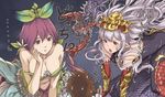  2girls bangs bare_shoulders bodysuit breasts brown_eyes brown_hair cleavage collarbone cross-laced_clothes dress eyebrows eyebrows_visible_through_hair flower gran_(granblue_fantasy) granblue_fantasy hair_between_eyes hair_flower hair_ornament hand_on_own_cheek hand_on_own_face highres ivris large_breasts medusa_(shingeki_no_bahamut) multiple_girls plant_girl size_difference snake tears translation_request yggdrasil_(granblue_fantasy) 