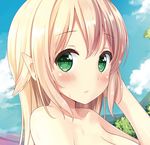  bare_shoulders blonde_hair blue_sky blush breasts close-up cloud cloudy_sky commentary_request cropped day green_eyes hand_in_hair highres karutamo large_breasts looking_at_viewer official_art otona_no_moeoh outdoors pointy_ears preview sample sky solo upper_body wet 