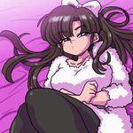  bangs bed black_legwear blue_eyes blunt_bangs bow brown_hair closed_mouth dress from_above frown hair_bow half-closed_eyes kuonji_ukyou long_hair lying on_back pantyhose ranma_1/2 solo sweater sweater_dress wanta_(futoshi) white_bow white_dress 