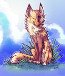  ambiguous_gender canine eyes_closed feral fox fur grass mammal nude orange_fur sitting smile solo zenirix 