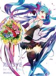  apapico aqua_hair blue_hair bouquet character_name detached_sleeves double_bun flower full_body hatsune_miku highres long_hair necktie open_mouth skirt solo thighhighs twintails very_long_hair vocaloid white_background 