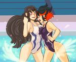  angry armpits bangs black_hair black_swimsuit blue_eyes blush breast_press breasts cheshirearttime competition_swimsuit covered_navel cowboy_shot crossover eyebrows_visible_through_hair green_eyes hand_up keijo!!!!!!!! kill_la_kill kiryuuin_satsuki long_hair looking_at_another matoi_ryuuko medium_breasts multicolored_hair multiple_girls nose_blush one-piece_swimsuit open_mouth pool red_hair short_hair sideboob signature sketch smile splashing standing streaked_hair swimsuit thick_eyebrows two-tone_hair very_long_hair water white_swimsuit 