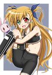  :x azumaya_(miyui001) bare_shoulders bike_shorts blonde_hair blush blush_stickers bow bow_panties cameltoe commentary_request gloves green_eyes hair_ribbon heterochromia highres long_hair lyrical_nanoha mahou_shoujo_lyrical_nanoha_vivid midriff navel open_mouth panties panties_under_bike_shorts red_eyes ribbon sacred_heart see-through shin_guards smile solo sports_bra stuffed_animal stuffed_bunny stuffed_toy sweat two_side_up underwear vivio 