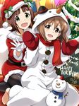  amami_haruka brown_eyes brown_hair christmas_ornaments christmas_tree gloves green_eyes hagiwara_yukiho hair_ribbon happy_birthday hat highres idolmaster idolmaster_(classic) merry_christmas mittens multiple_girls open_mouth ribbon santa_costume santa_hat short_hair smile snowman snowman_costume tokiani 