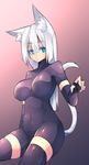  animal_ear_fluff animal_ears black_hair blue_eyes bodysuit breasts cat_ears cat_tail fingerless_gloves gloves gradient gradient_background highres large_breasts long_hair looking_at_viewer navel original silver_hair solo sub-res tail thighhighs 