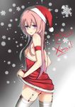  armband ass bangs bare_shoulders black_legwear blush breasts christmas commentary cowboy_shot dress dress_lift fur_trim garter_straps hair_between_eyes hat highres long_hair looking_at_viewer looking_back merry_christmas original parted_lips pink_hair purple_eyes santa_costume santa_hat sideboob small_breasts smile snow snowflakes solo teeth thighhighs thighs urio_yusuke 