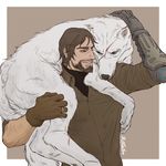  animal animal_around_neck animalization arm_hair beard brown_gloves brown_hair facial_hair gloves highres jewelry jitae_(gtaeyou) male_focus mccree_(overwatch) mechanical_arm mustache overwatch petting ring scar single_glove soldier:_76_(overwatch) twitter_username upper_body wolf 