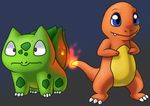  3_toes ambiguous_gender bulbasaur charmander claws duo fire flaming_tail nakiri_(artist) nintendo pok&eacute;mon reptile scalie simple_background toes video_games 
