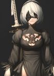  ahd black_background black_dress blindfold breasts cleavage dress hairband highres long_sleeves medium_breasts mole mole_under_mouth nier_(series) nier_automata puffy_sleeves short_hair simple_background solo sword upper_body weapon white_hair yorha_no._2_type_b 