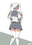  artist_name ass blonde_hair character_request commentary_request copyright_request from_behind grey_skirt joy_ride kneehighs kneepits long_hair pleated_skirt school_uniform serafuku short_sleeves signature skirt sleeve_cuffs solo standing twintails two-tone_background white_legwear 