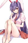  animal_ears asuzemu barefoot bunny_ears collared_shirt hair_between_eyes highres knees_up long_hair looking_at_viewer necktie panties pantyshot pantyshot_(sitting) pink_panties pink_shirt playing_with_own_hair puffy_short_sleeves puffy_sleeves purple_hair red_eyes red_neckwear red_skirt reisen_udongein_inaba shirt short_sleeves simple_background sitting skirt smile solo tie_clip touhou underwear very_long_hair white_background 