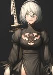  ahd black_background black_dress breasts cleavage dress green_eyes hair_between_eyes hairband highres long_sleeves medium_breasts mole mole_under_mouth nier_(series) nier_automata no_blindfold puffy_sleeves short_hair simple_background solo sword upper_body weapon white_hair yorha_no._2_type_b 
