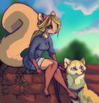  4_fingers anthro blonde_hair blue_eyes blurred_background canine clothed clothing dog duo female fluffy fluffy_tail hair mammal outside rodent sitting smile squirrel zenirix 