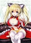  animal_ears bad_id bad_pixiv_id bangs blonde_hair breasts cat_ears cleavage couch detached_sleeves dress eyebrows_visible_through_hair frilled_dress frilled_sleeves frills hair_between_eyes highres huge_breasts legs_together long_hair looking_at_viewer navel navel_cutout noto_kurumi on_couch open_mouth original purple_eyes sitting sleeveless sleeveless_dress smile solo thighs twintails 