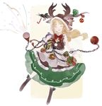  ^_^ animal_hat boots bow bowtie chain christmas christmas_ornaments closed_eyes full_body fur_trim gift gourd hair_ribbon hat highres horn_ribbon horns ibuki_suika long_hair long_skirt low-tied_long_hair open_mouth red_bow red_neckwear ribbon shihou_(g-o-s) skirt sleeveless smile solo touhou white_background 