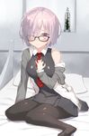  black-framed_eyewear black_legwear breasts come_hither commentary_request fate/grand_order fate_(series) glasses hair_over_one_eye highres jonsun large_breasts long_sleeves looking_at_viewer mash_kyrielight necktie off_shoulder pantyhose pillow purple_eyes purple_hair red_neckwear short_hair solo they_had_lots_of_sex_afterwards 