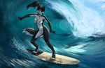  4_toes 5_fingers alsaresnolynx anthro black_hair black_nose blue_eyes breasts canine digitigrade dog female hair mammal nastywolf613 navel nipples nude pussy smile solo standing toes water wide_hips wolf 