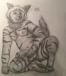  2016 anal anthro balls barefoot belly black_nose butt crouching dildo erection feet front_view fur hi_res humanoid_penis hyena kneeling male mammal monochrome muscular nipples nude open_mouth partially_retracted_foreskin penetration penis precum sex_toy sexbad simple_background solo striped_hyena stripes stripy_yeen tongue traditional_media_(artwork) uncut 