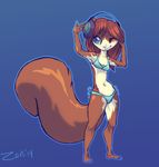  2014 4_fingers anthro blue_background blue_eyes brown_fur brown_hair clothed clothing eyelashes female fluffy fluffy_tail fur hair mammal navel one_eye_closed rodent simple_background smile squirrel standing wide_hips zenirix 