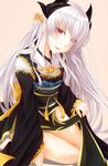  black_kimono commentary_request eyes_visible_through_hair fate/grand_order fate_(series) hair_over_one_eye head_tilt horns japanese_clothes kimono kiyohime_(fate/grand_order) lifted_by_self long_hair looking_at_viewer obi open_mouth red_eyes sash silver_hair solo thighs totororo wide_sleeves 