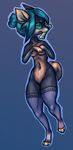  anthro black_nose blue_background blue_eyes blue_hair breasts canine clothed clothing digitigrade dog female hair mammal navel nipples pussy simple_background smile solo standing topless wide_hips zenirix 