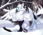  4_toes black_nose canine day feathered_wings feathers feral fox fur heterochromia mammal neylatl nude outside sitting snow solo toes white_feathers white_fur wings 