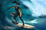  4_toes 5_fingers alsaresnolynx anthro barefoot black_hair black_nose blue_eyes breasts canine clothed clothing day digitigrade dog female hair mammal nastywolf613 navel outside smile solo standing toes water wave wide_hips wolf 
