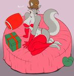  4_toes barrette bed bedroom_eyes brown_hair canine chloe_(zp92) christmas clothed clothing dialogue gift hair half-closed_eyes holidays howl mammal navel pillow purple_eyes seductive skimpy tattoo toes wolf zp92 