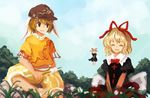  akaiha_(akaihasugk) animal_ears blonde_hair blush bunny_ears closed_eyes cloud dango day dress eating fairy_wings floppy_ears flower food hair_ribbon hat highres lily_of_the_valley medicine_melancholy multiple_girls no_nose orange_shirt plant red_ribbon ribbon ringo_(touhou) shirt short_sleeves sitting sky smile stick su-san touhou wagashi wavy_mouth wings 