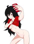  1girl ahoge ass black_hair cellphone kim_jubu_jubu long_hair posing pussy raven_branwen red_eyes rwby selfie simple_background smirk underboob 