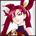  alternate_hairstyle ear_piercing earrings evil_grin evil_smile grin jewelry jinx_(league_of_legends) konfyoozed league_of_legends lipstick long_hair magical_girl makeup piercing purple_hair red_eyes smile solo star_guardian_jinx twintails two_side_up upper_body 