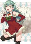  1girl :d bare_shoulders black_legwear box breasts christmas_tree_hair_ornament cleavage detached_sleeves gift gift_box green_eyes green_hair hair_ornament highres kantai_collection komase_(jkp423) kumano_(kantai_collection) large_breasts long_hair looking_at_viewer open_mouth sack santa_costume smile solo suzuya_(kantai_collection) thighhighs 