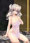  arm_support artist_name breasts collarbone covering green_eyes highres kantai_collection kashima_(kantai_collection) large_breasts looking_to_the_side nude_cover onsen see-through silver_hair sitting soaking_feet solo tokihama_jirou towel twintails wet 