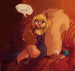  2014 4_fingers anthro blonde_hair blue_eyes clothed clothing digitigrade female fluffy fluffy_tail hair holding_object mammal rodent sitting solo squirrel zenirix 