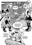  2girls ankle_boots aori_(splatoon) boots christmas_tree comic domino_mask dress e-liter_3k_(splatoon) earrings english fangs full_body gloves greyscale highres holding holding_weapon hotaru_(splatoon) jewelry long_hair looking_at_another mask monochrome multiple_girls open_mouth pantyhose parted_lips pointy_ears short_dress short_hair short_jumpsuit smile splat_roller_(splatoon) splatoon_(series) splatoon_1 strapless strapless_dress sweatdrop tentacle_hair weapon wong_ying_chee 