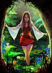  black_eyes breasts brown_hair choker cleavage dress flower grass kyoung_hwan_kim lily_pad medium_breasts original pond pouch red_dress see-through short_dress solo standing sunlight tree wading 