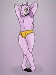  anthro armpits bulge caprine choker clothed clothing dmmonty flaccid front_view full-length_portrait goat green_sclera hands_behind_head horn male mammal penis portrait pose purple_eyes purple_goat_(scotch) solo standing underwear 