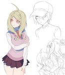  1girl 2boys ahoge akamatsu_kaede amami_rantarou baseball_cap breasts danganronpa gakuran hat large_breasts long_hair multiple_boys necktie new_danganronpa_v3 orange_neckwear protected_link purple_eyes purple_skirt purple_sweater saihara_shuuichi school_uniform simple_background skirt smile sweater sweater_vest white_background zuizi 