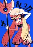  :d alternate_color bare_arms bare_shoulders black_bow black_sclera blonde_hair blue_background blue_eyes blush bow collarbone crescent dress fingernails flat_chest gen_3_pokemon hair_bow hat holding holding_staff kz_609 long_hair lunatone number open_mouth personification pokemon pokemon_number see-through shiny_pokemon simple_background smile solo staff strapless strapless_dress teeth tongue twintails very_long_hair 