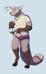  anthro beverage canine clothed clothing coffee cup drowsy fox fur huffpup male mammal simple_background solo standing underwear 