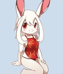  anthro blush clothing cub female lagomorph looking_at_viewer mammal rabbit red_eyes simple_background smile thong unrealplace young 