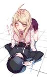  1girl ahoge akamatsu_kaede baseball_cap beamed_sixteenth_notes black_hair blonde_hair blush breasts covered_eyes danganronpa double-breasted eighth_note gakuran hat hetero kneeling large_breasts long_hair looking_down lying musical_note musical_note_hair_ornament new_danganronpa_v3 on_back on_floor open_mouth protected_link purple_eyes purple_skirt purple_sweater saihara_shuuichi school_uniform sixteenth_note skirt sweat sweater sweater_vest zuizi 