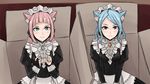  2girls animal_ears bangs blue_eyes blue_hair blush box brown_eyes cat_ears cryopon felicia_(fire_emblem_if) fire_emblem fire_emblem_if flora_(fire_emblem_if) looking_at_viewer maid maid_headdress multiple_girls nekopara parody pink_hair siblings sidelocks sisters 