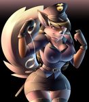  anthro breasts canine clothing female handcuffs hat looking_at_viewer mammal nipple_bulge police_uniform shackles smile solo standing uniform wide_hips wwaxyy 