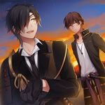  armor black_gloves black_hair brown_hair dutch_angle eyepatch gloves japanese_armor juugonichi_(wheeliex2) katana male_focus multiple_boys necktie ookurikara open_mouth shokudaikiri_mitsutada shoulder_armor sky smile sode star_(sky) starry_sky sunset sword touken_ranbu weapon yellow_eyes 